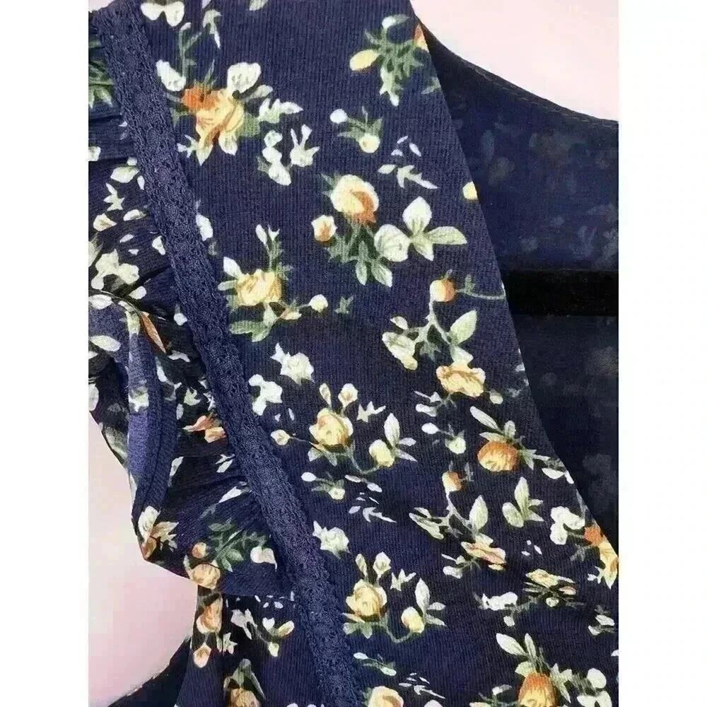 Everly Navy Floral V-Neck Ruffle Flutter Sleeve Button-Front A-line Mini Dress M - Picture 3 of 14